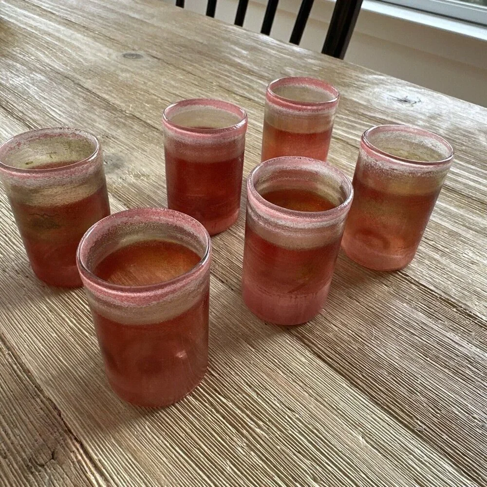 6 Hand Blown Art Glass Shot Glasses Pink Gold Swirl Bohemian Artisan Mid Century